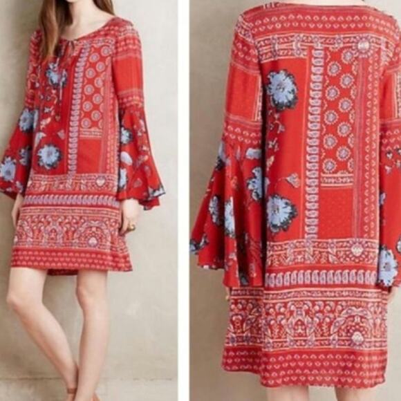 Anthropologie Vanessa Virginia Dress Size 0 Red Boho 100% Silk Isabelle Floral - Picture 1 of 12